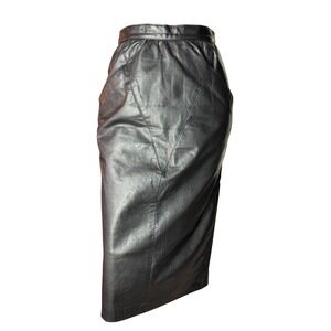 Vintage ADA Black Leather Pencil Skirt  Midi Minimalist Mob Wife Art To Wear XS